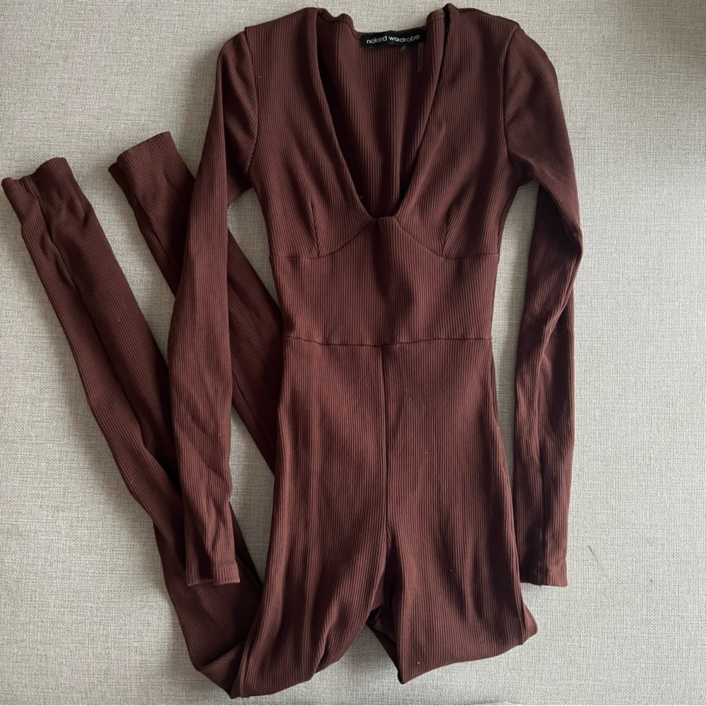 NAKED WARDROBE | Ribbed Brown Jumpsuit